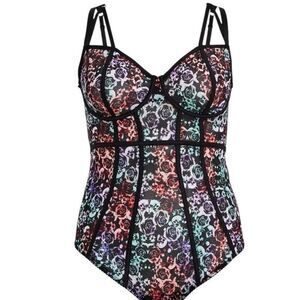 Torrid Womens Size 2 US 2X Bodysuit Black Pink Blue Purple Rose Floral Print